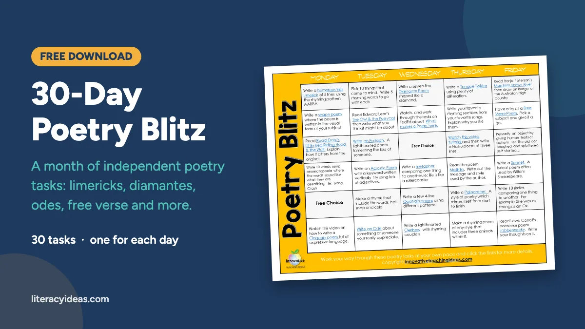 Free 30-Day Poetry Blitz download: a month-long grid of daily poetry writing tasks