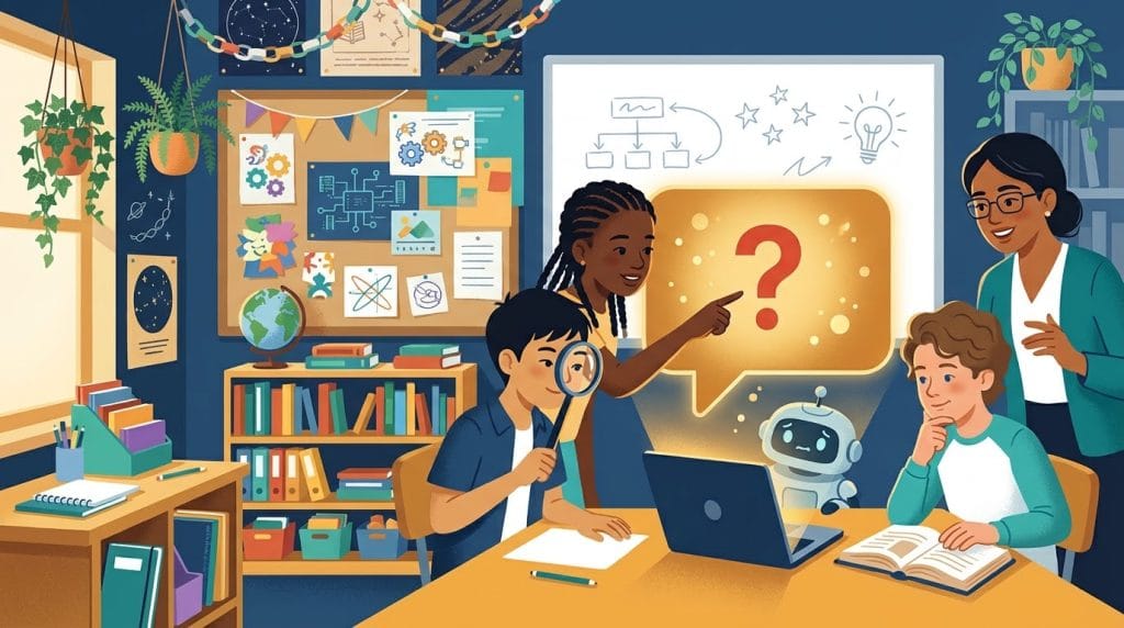 Students checking an AI chatbot answer with a magnifying glass and a book while their teacher guides them