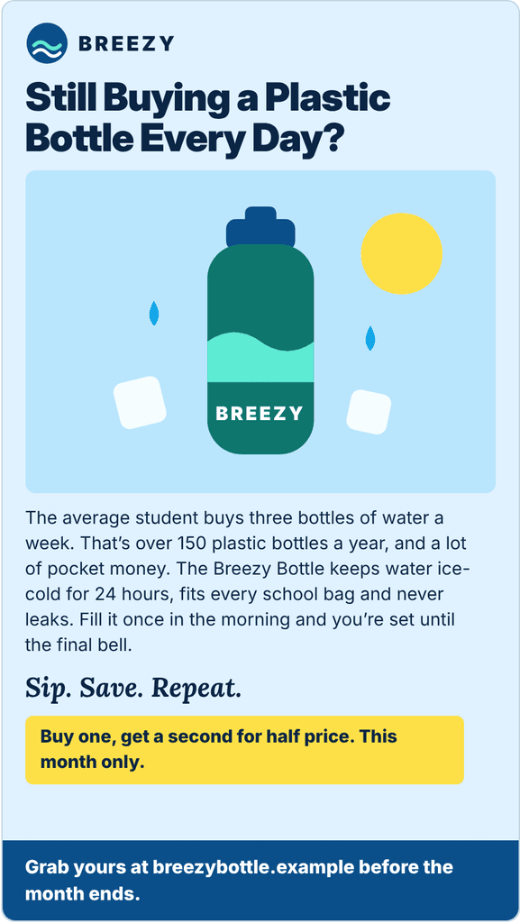 Example print advertisement for a water bottle with the headline "Still Buying a Plastic Bottle Every Day?", a bottle image, the slogan "Sip. Save. Repeat." and a half-price offer