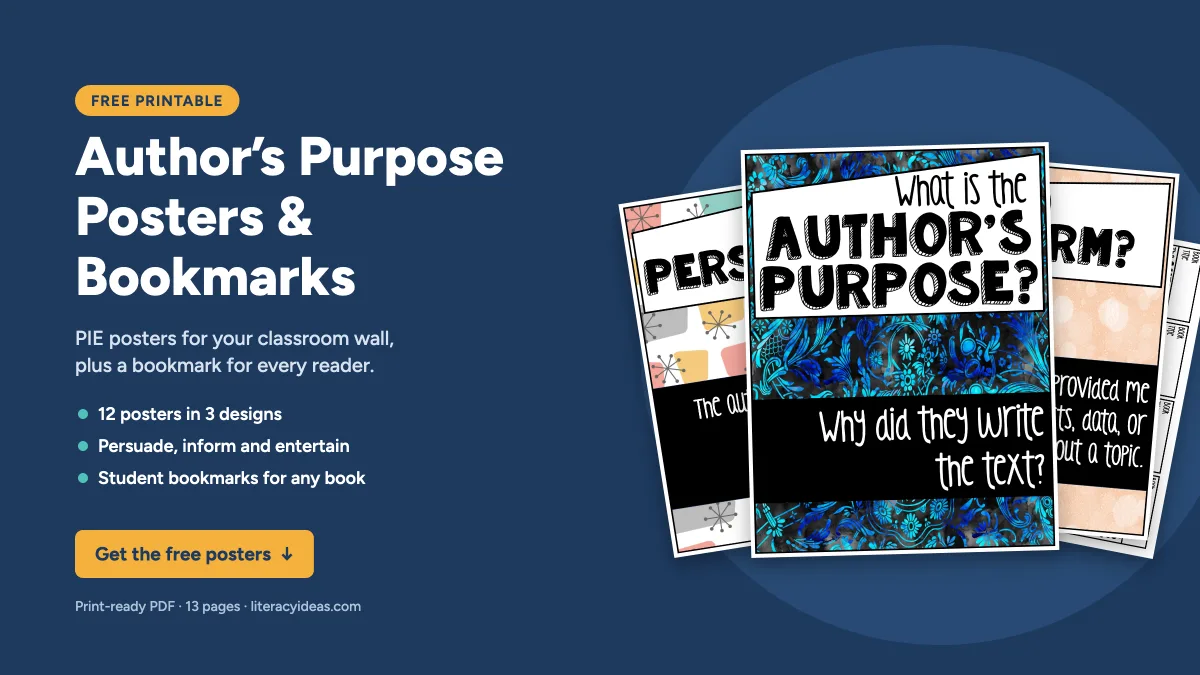 Free printable: Author’s Purpose Posters and Bookmarks. 12 PIE posters in three designs for persuade, inform and entertain, plus student bookmarks.
