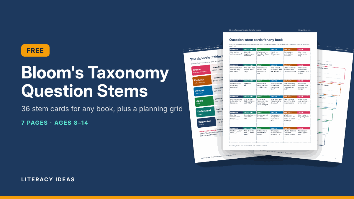 Free Bloom's Taxonomy Question Stems pack: pages showing a colour-coded six-level poster, question-stem cards and a climb the levels response sheet