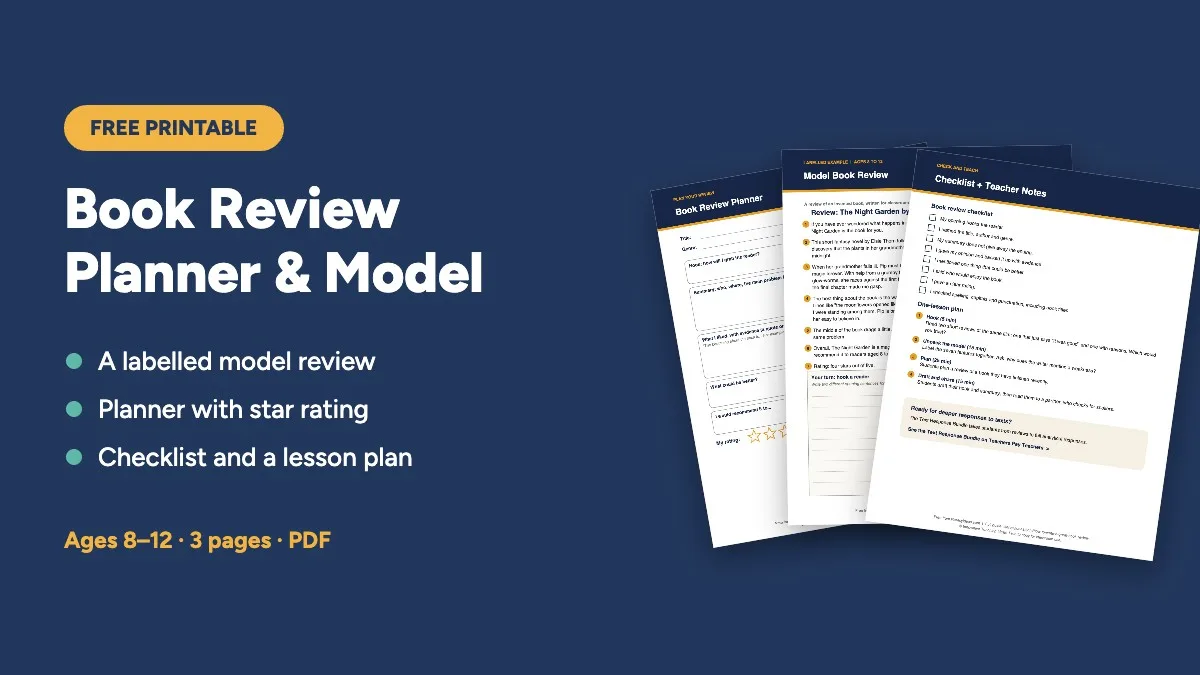 Free printable: Book Review Planner and Model, 3 pages for ages 8 to 12