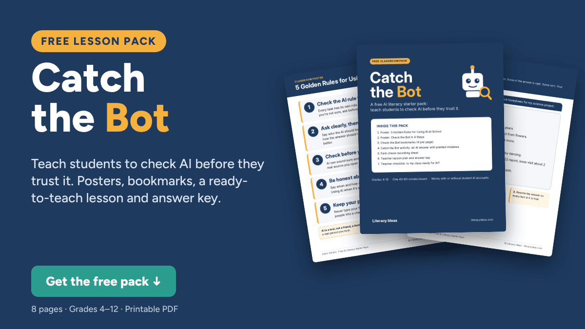 Free Catch the Bot AI literacy pack: posters, bookmarks, a fact-check lesson and answer key for grades 4 to 12
