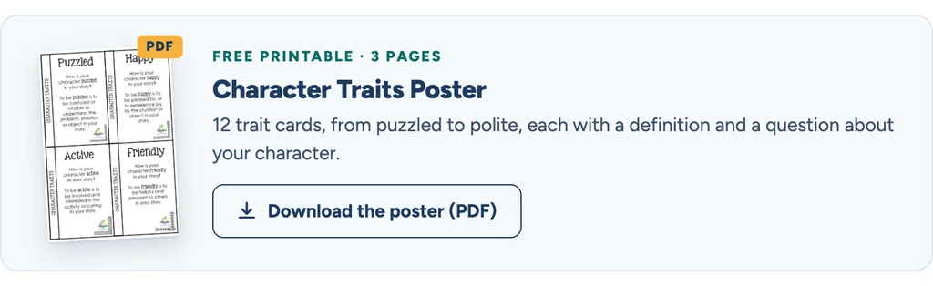 narrative writing | character traits poster card | How to Teach Narrative Writing: A Complete Guide for Teachers | literacyideas.com