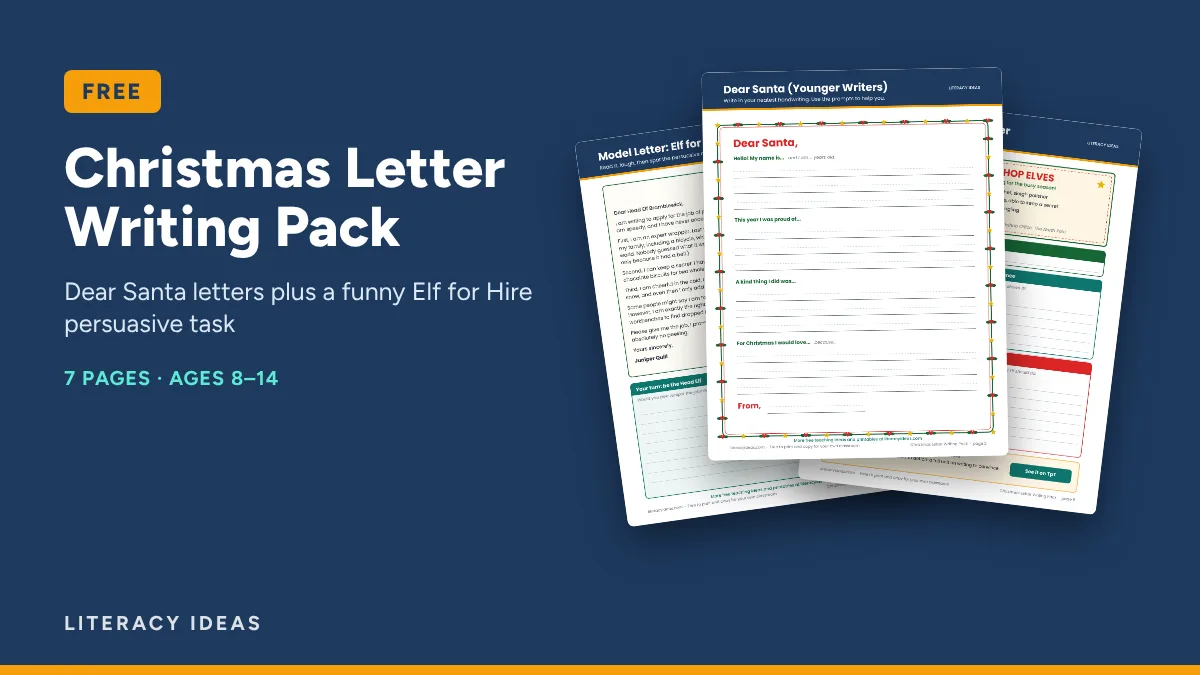 Christmas Letter Writing Pack free PDF showing a Dear Santa letter template, a letter planner and a letter checklist
