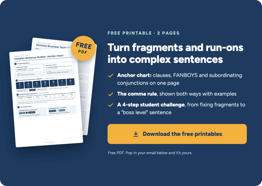 Free Complex Sentence Builder: sentence structure anchor chart and worksheet