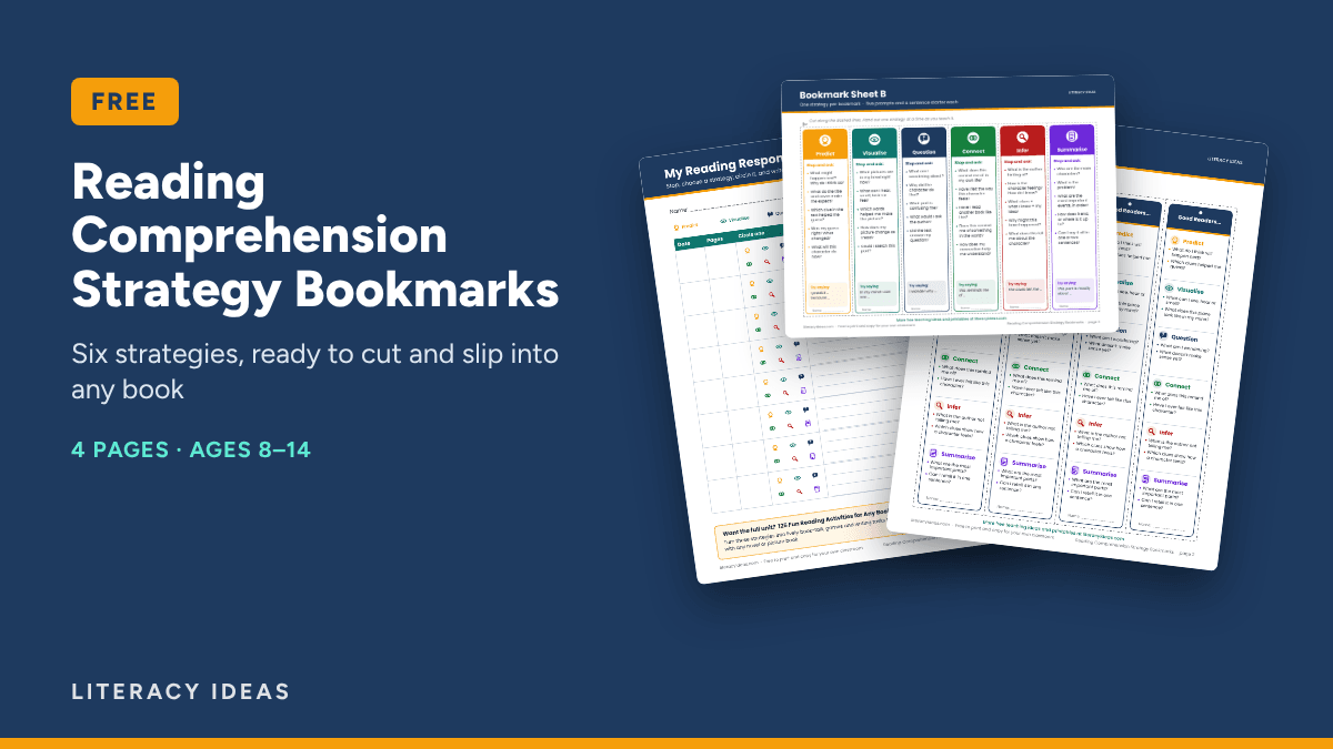 Reading Comprehension Strategy Bookmarks free PDF showing colourful bookmarks with prompts for predicting, inferring and summarising