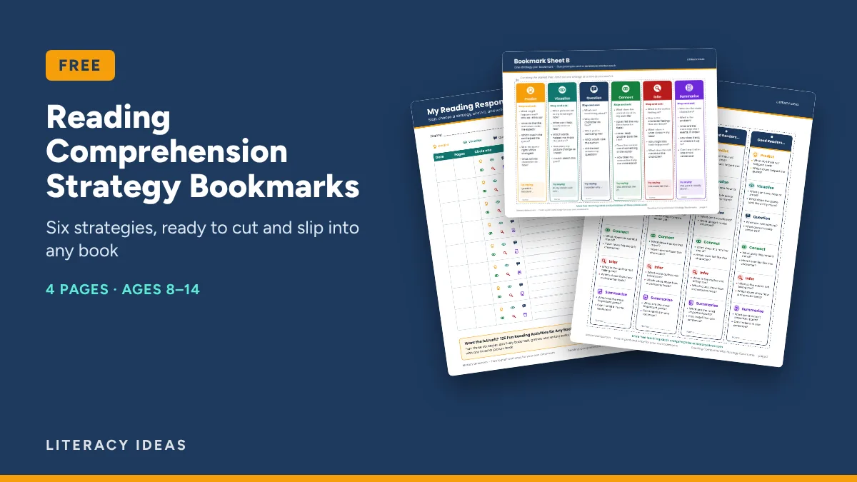 Reading Comprehension Strategy Bookmarks free PDF showing a set of printable bookmarks with comprehension strategy prompts