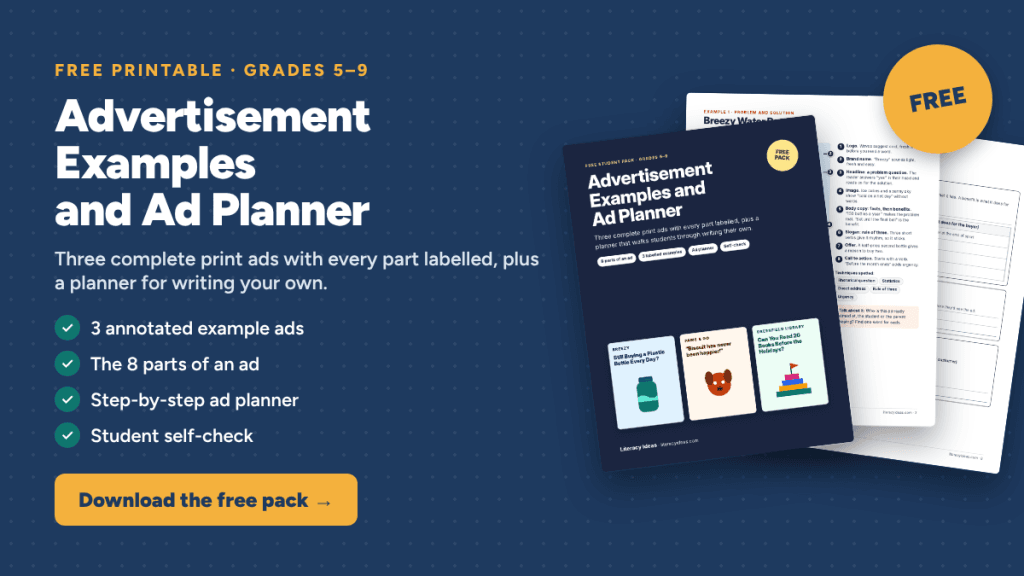Free printable: Advertisement Examples and Ad Planner with three labeled example ads and a student planner