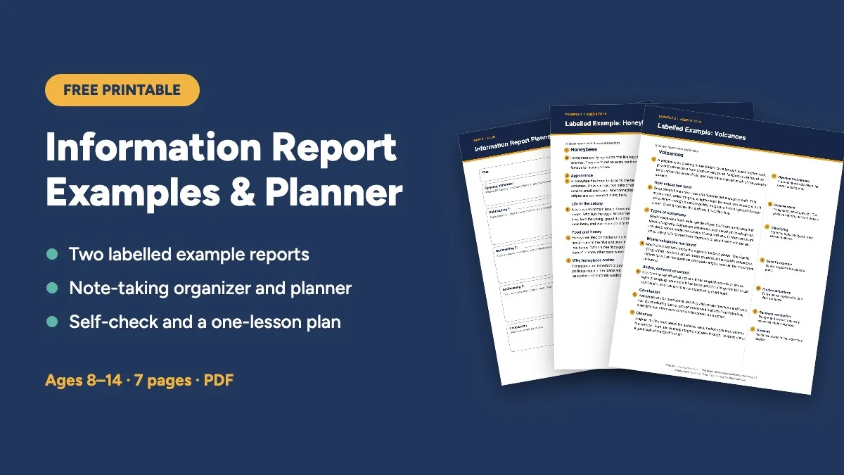Free printable: Information Report Examples and Planner, 7 pages for ages 8 to 14