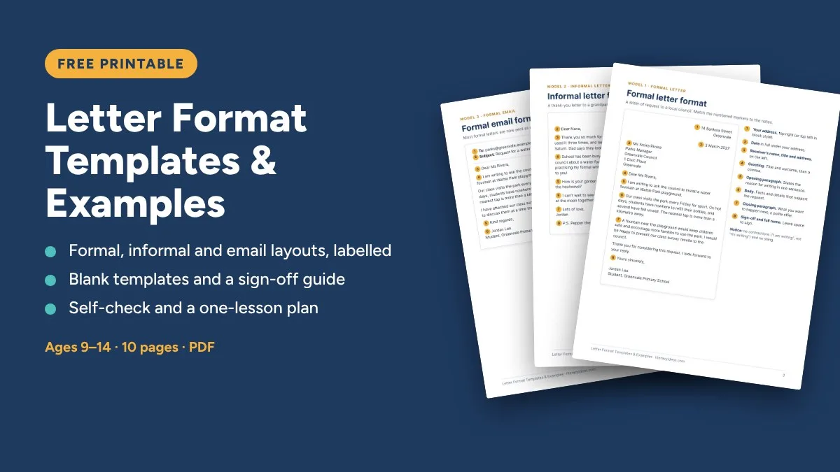 Free printable: Letter Format Templates and Examples, 10 pages for ages 9 to 14