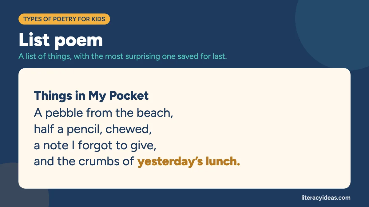 List poem example titled Things in My Pocket: a pebble from the beach, half a pencil, chewed, a note I forgot to give, and the crumbs of yesterday’s lunch.
