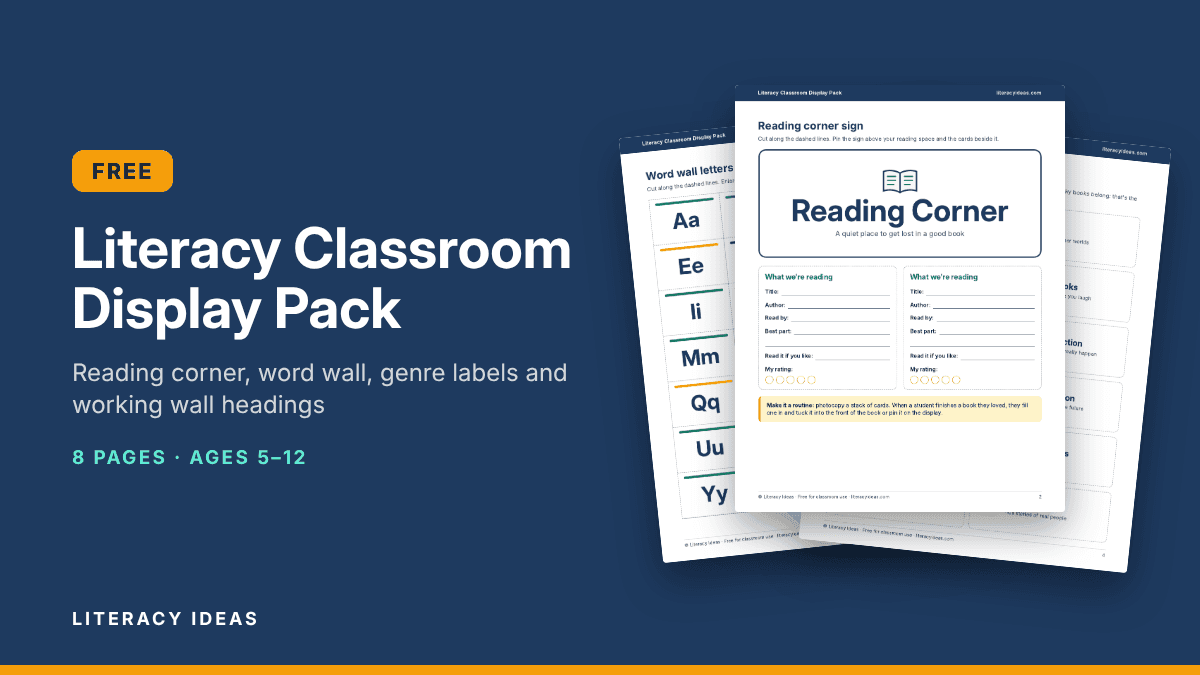 Free Literacy Classroom Display Pack: printable reading corner sign, word wall letters and genre labels for book bins, 8 pages, ages 5–12