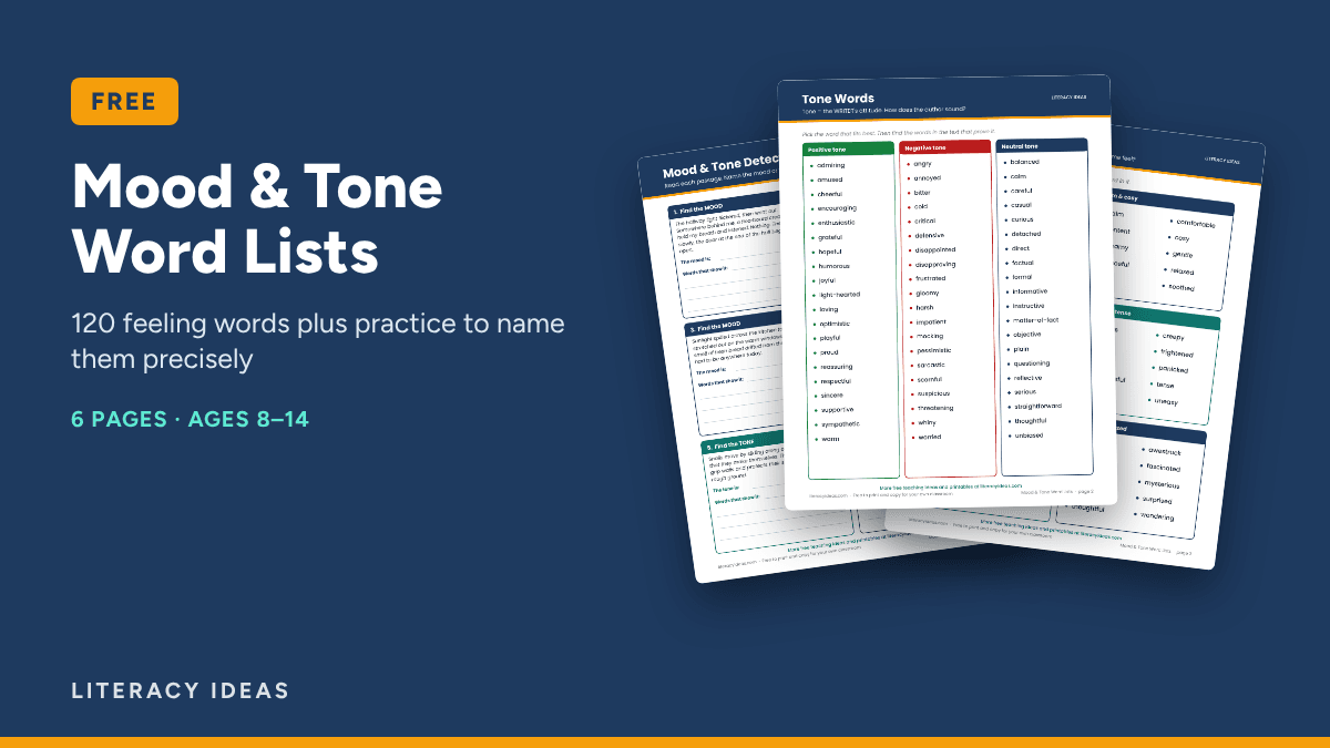 Mood and Tone Word Lists free PDF showing grouped tone and mood words, a practice passage and a word-choice organiser