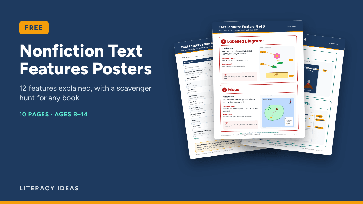 Nonfiction Text Features Posters free PDF showing classroom posters for headings, captions and diagrams, plus a scavenger hunt sheet