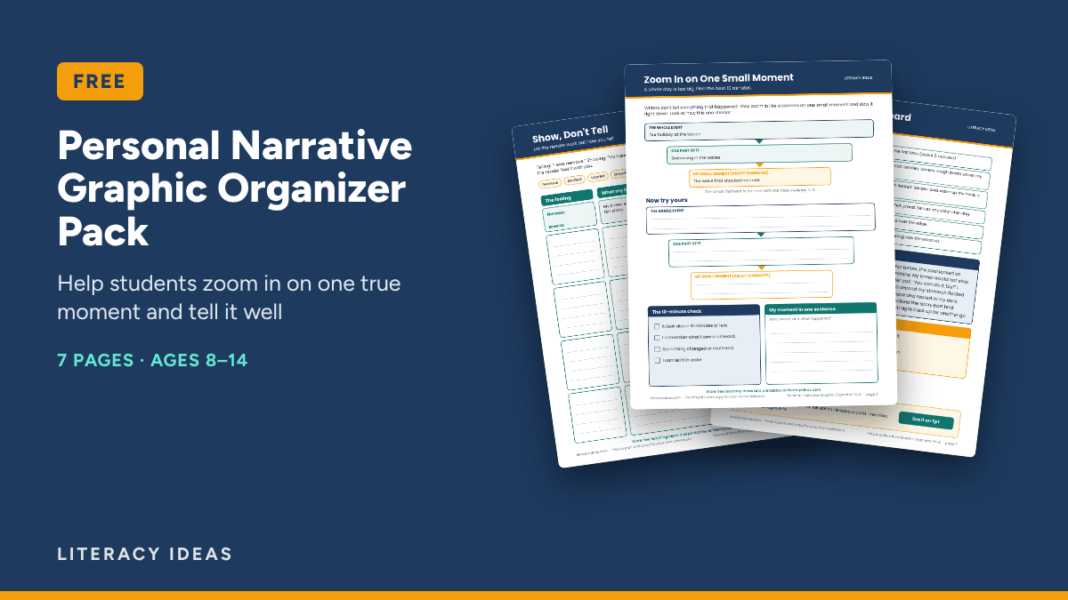 Personal Narrative Graphic Organizer Pack free PDF showing a memory brainstorm, a zoom-in moment planner and a filled-in model