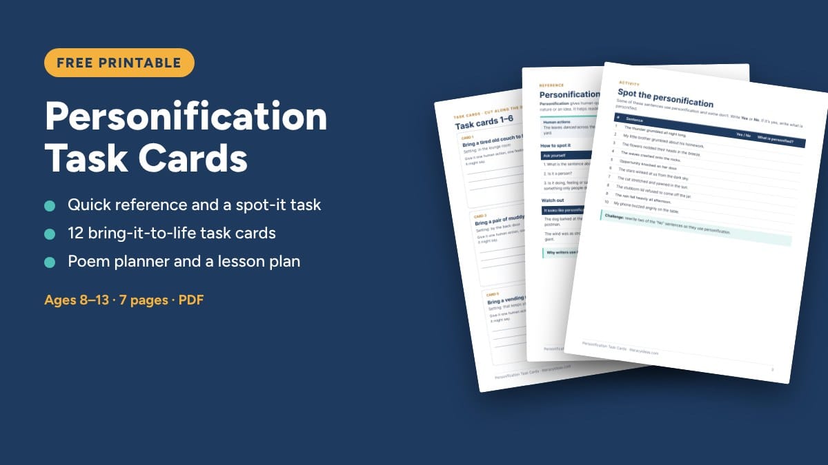 Free printable: Personification Task Cards, 7 pages for ages 8 to 13