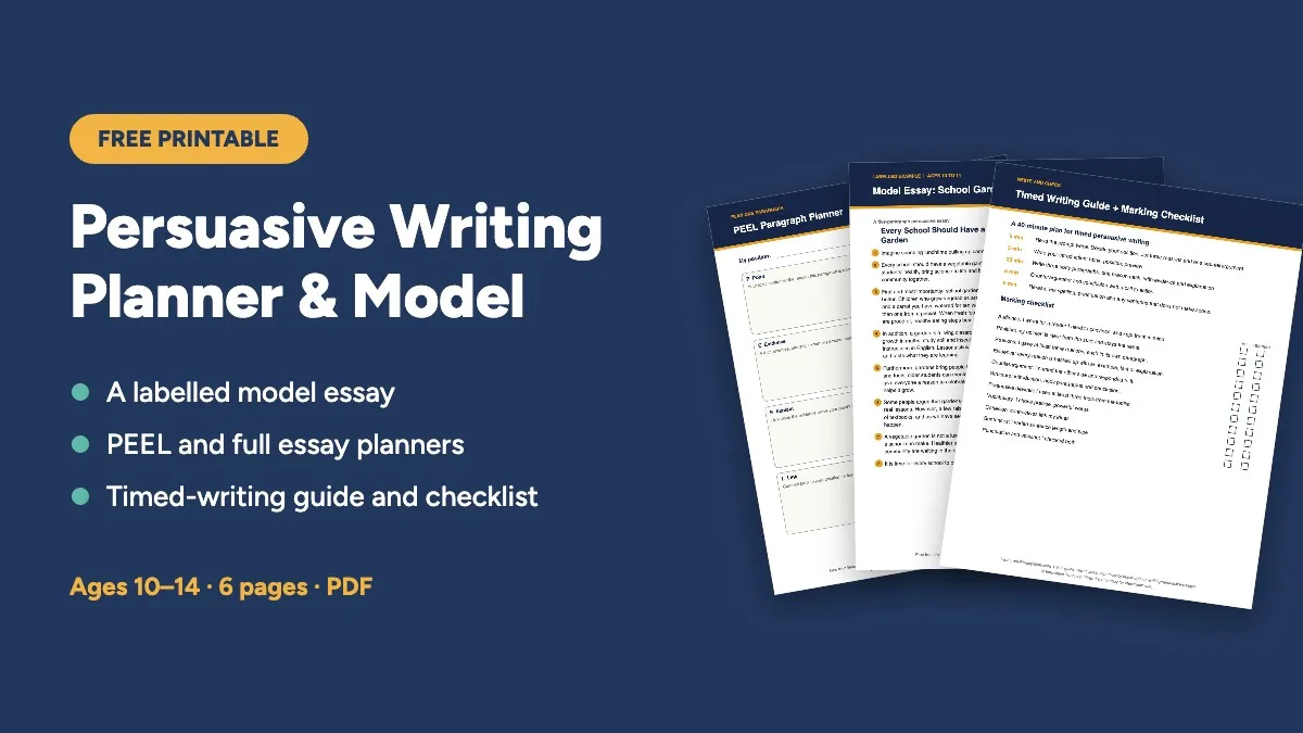 Free printable: Persuasive Writing Planner and Model, 6 pages for ages 10 to 14