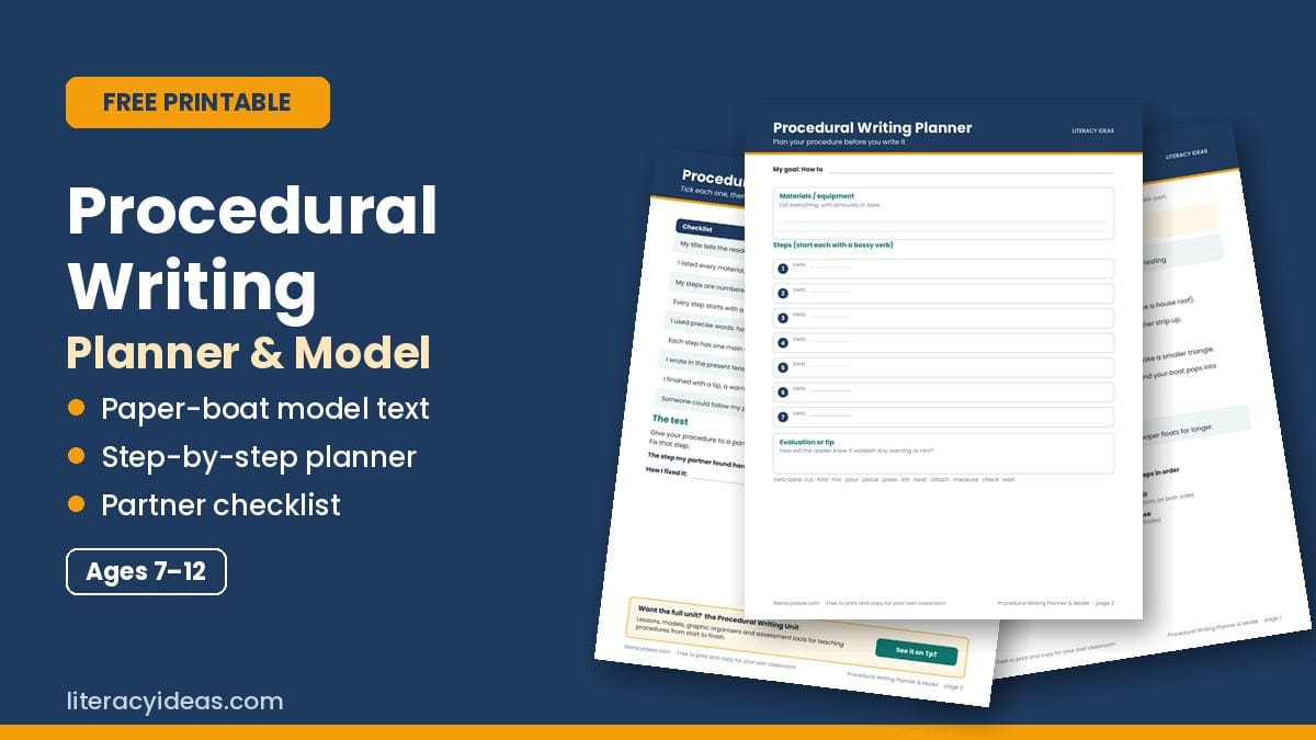 Free printable: Procedural Writing Planner and Model, with a paper boat model text, planner and checklist for ages 7 to 12