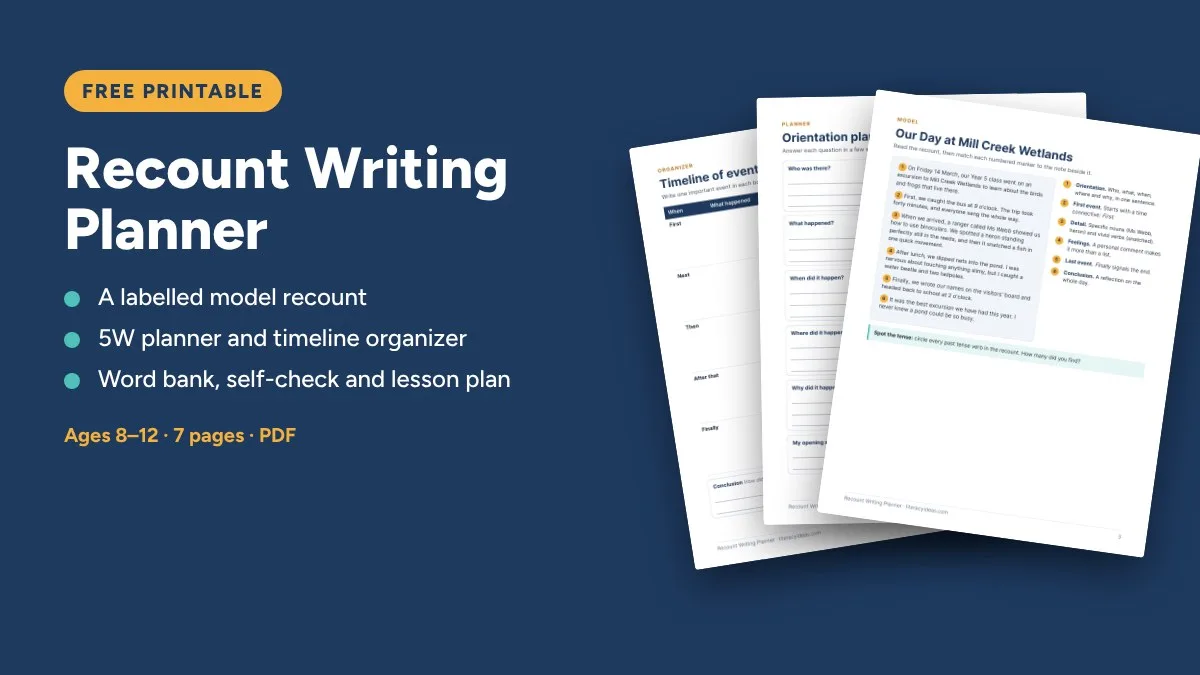 Free printable: Recount Writing Planner and Model, 7 pages for ages 8 to 12