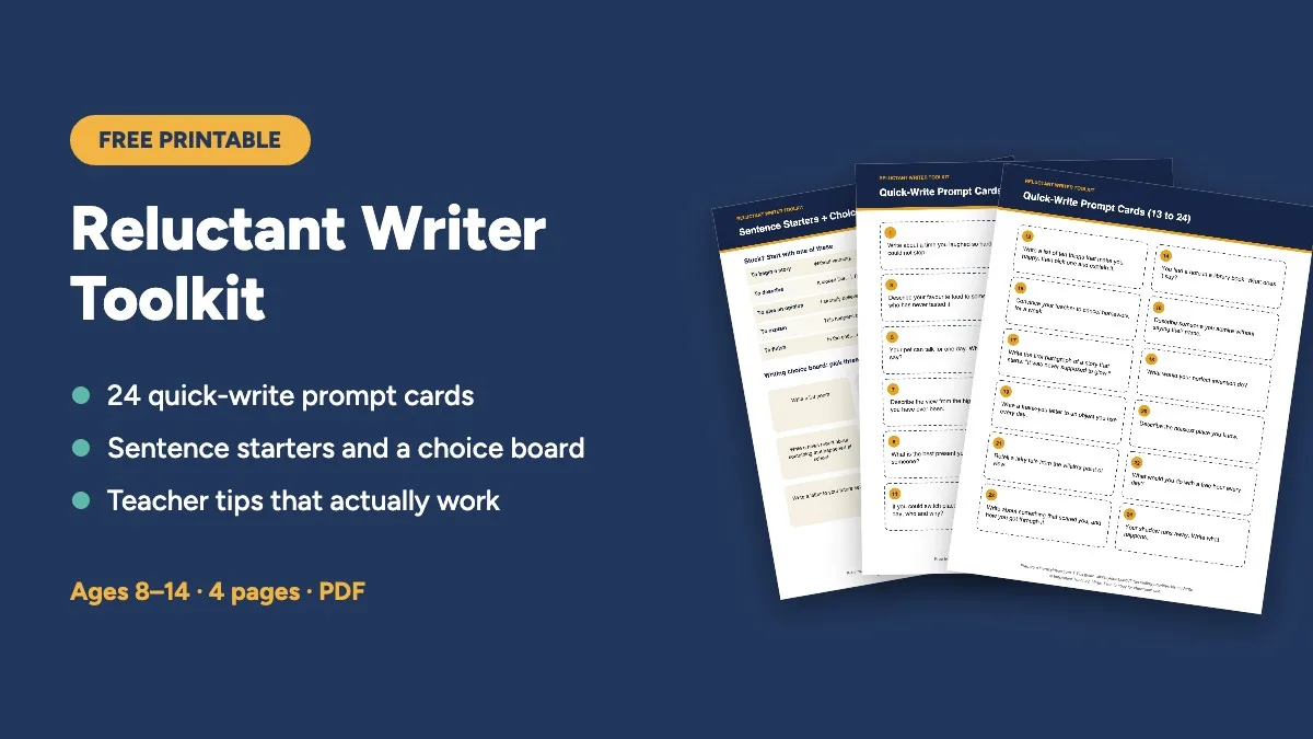 Free printable: Reluctant Writer Toolkit with 24 prompt cards, 4 pages for ages 8 to 14
