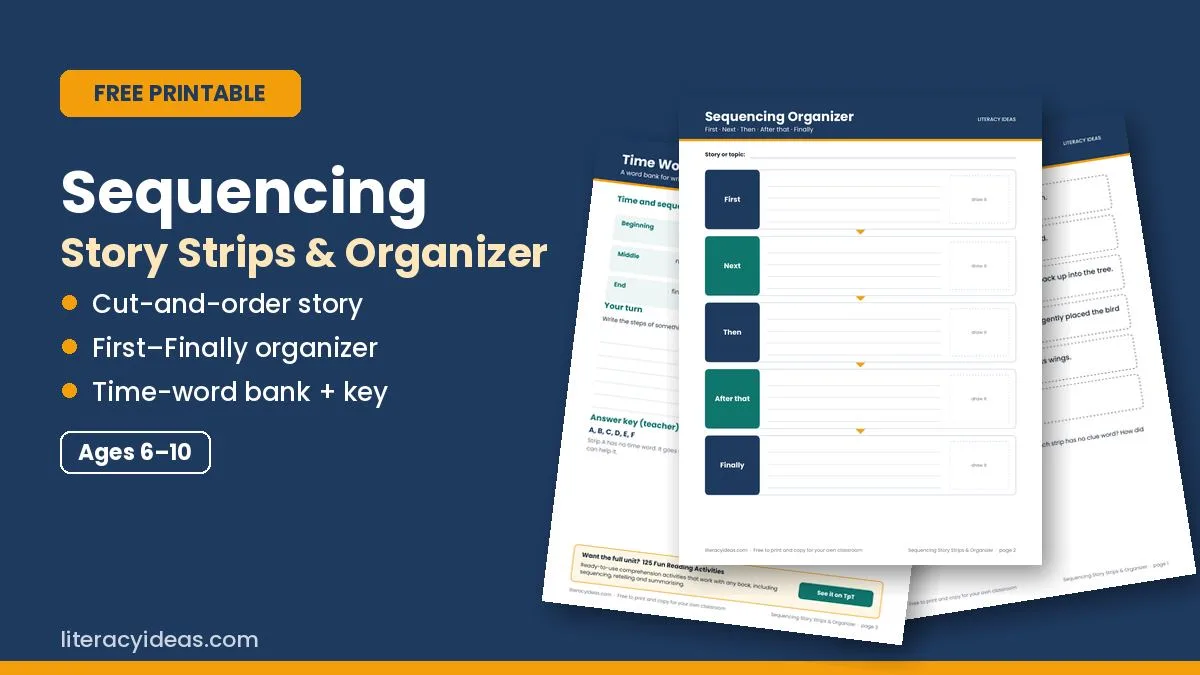 Free printable: Sequencing Story Strips and Organizer with a time-word bank for ages 6 to 10