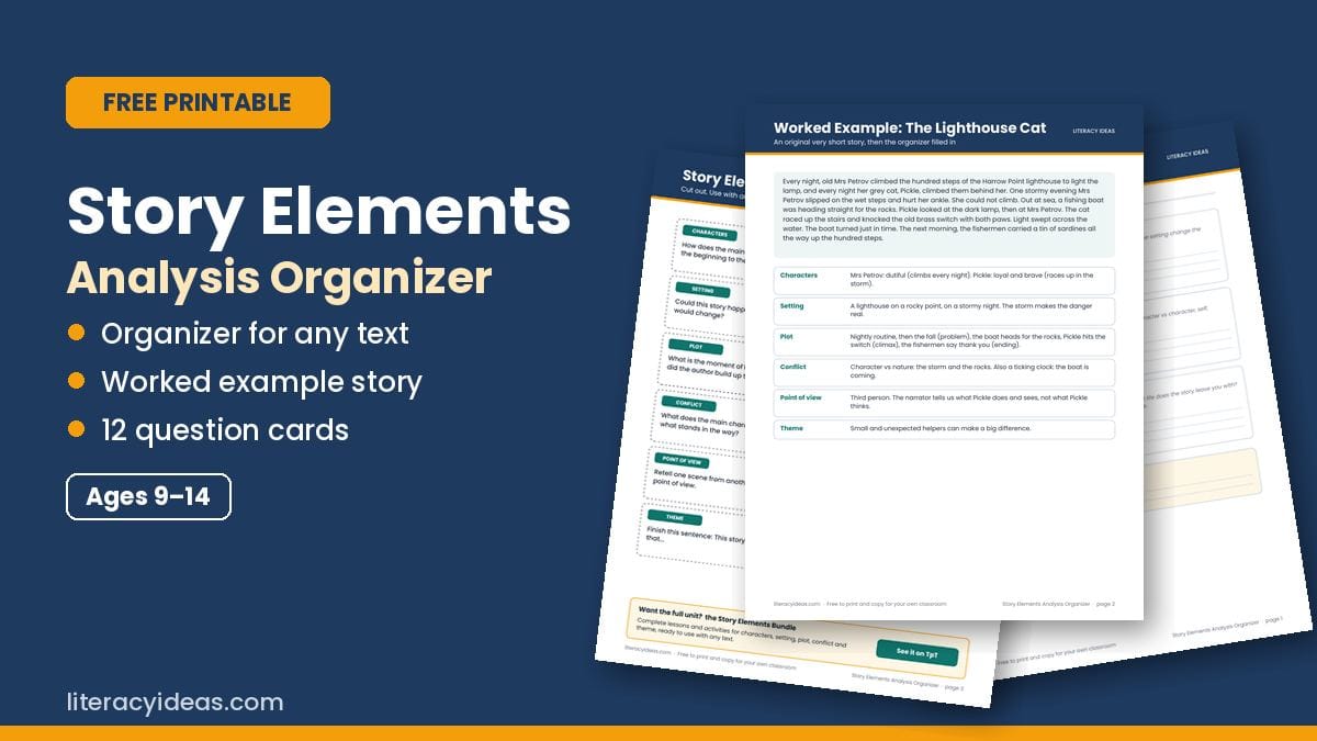 Free printable: Story Elements Analysis Organizer with a worked example and 12 question cards for ages 9 to 14